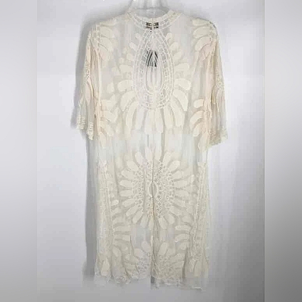 NEW Artesia Long Duster Kimono Embroidered Mesh 3/4 Sleeve Tie Front Cover Large - Picture 3 of 7